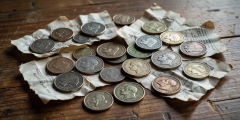 Macro detail of worn metallic coins and regional route receipts across a wooden table