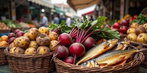 Macro detail of fresh seasonal potatoes, beetroots, and smoked fish displayed in market baskets