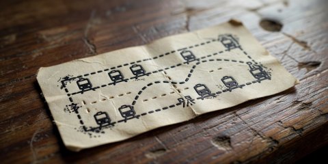 Macro detail of punch card receipts and train timetables marked with journey stamps
